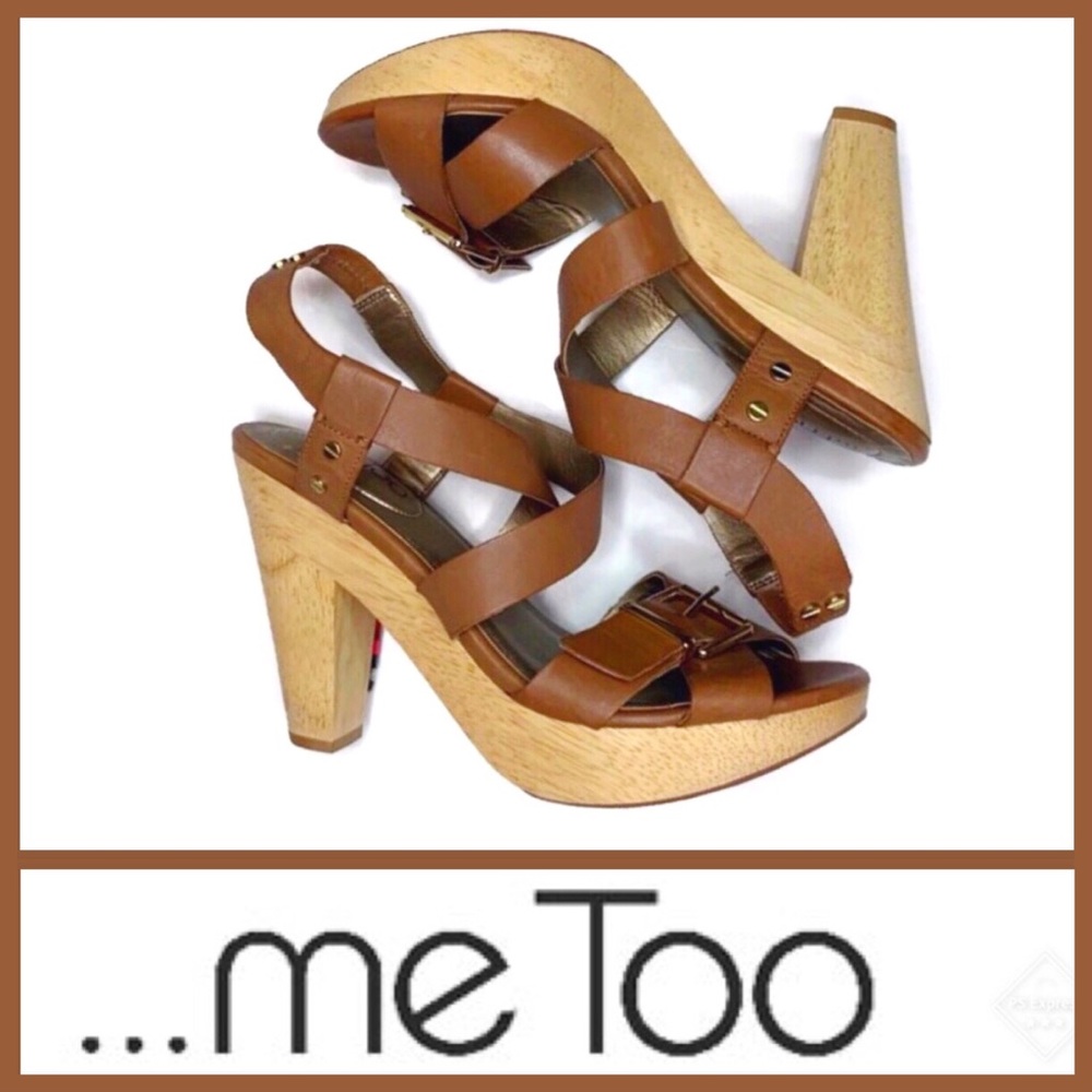 ...Me Too Tan Leather Sandal Lt. Brown wood Heel